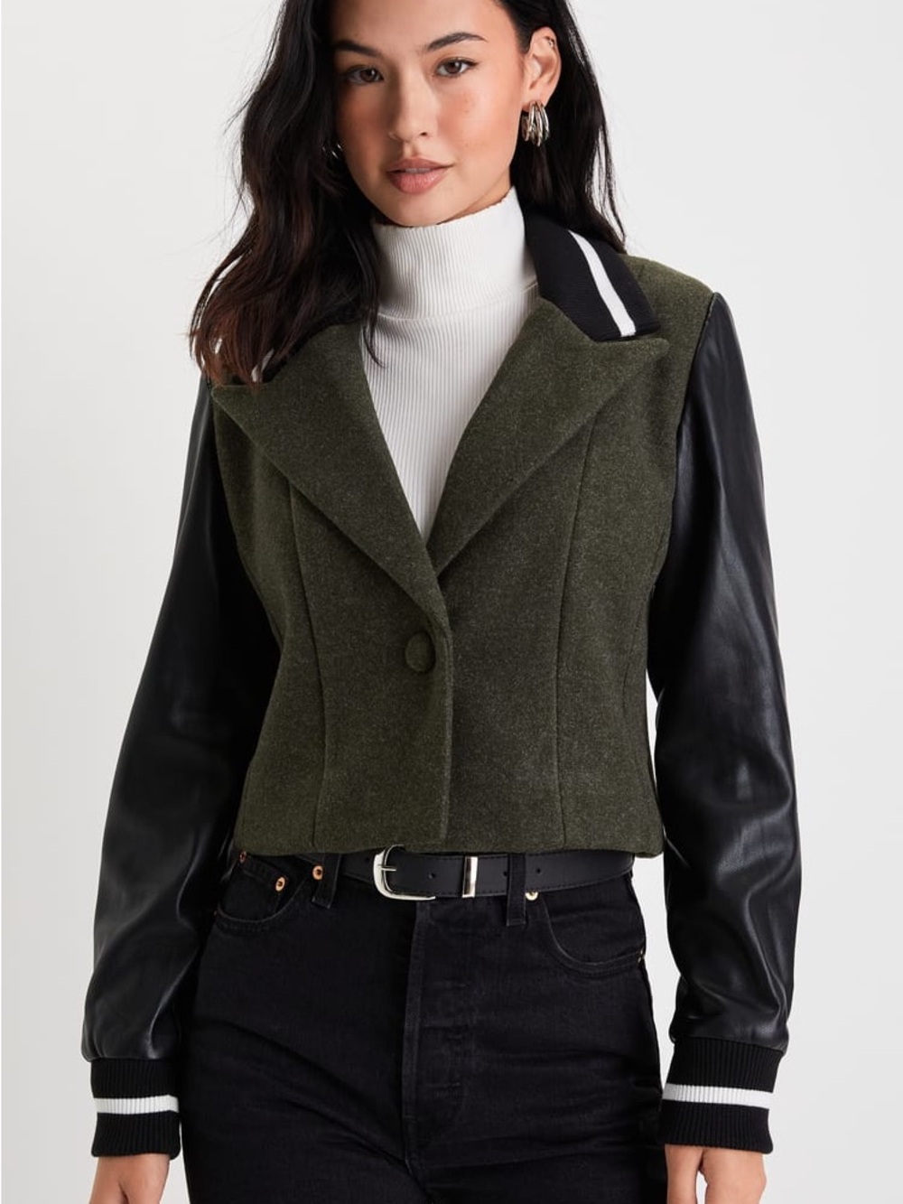 Avec Les Filles Mixed Media Olive Green and Black Cropped Varsity Blazer sz S